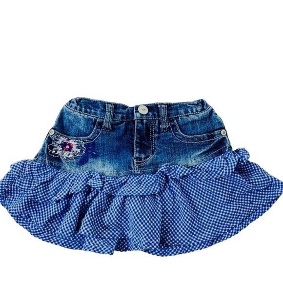 Guess Denim Jean Skirt Gingham Check Ruffle Peplum size 6 Girls Chambray - Picture 1 of 5